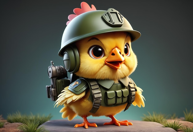 Foto el lindo y adorable pollito bebé con traje militar ia generativa.