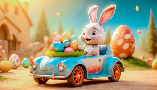 Un lindo y alegre conejo de Pascua está llevando huevos de Pascua y dulces en un coche