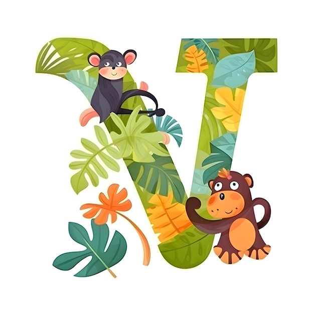 Foto lindo alfabeto de animales letra y con mono y hojas tropicales