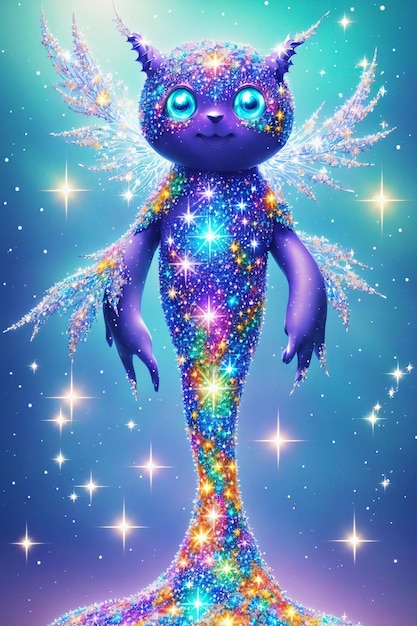 Lindo alienígena púrpura brillante sobre un fondo azul con destellos