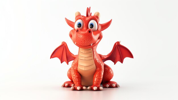 Lindo y amigable bebé dragón rojo sentado y mirando a la cámara con una expresión feliz renderización 3D