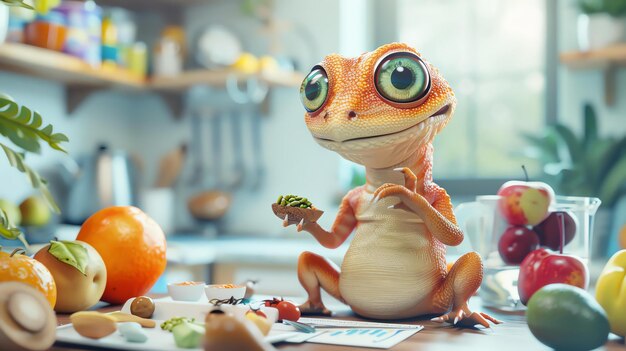 Foto un lindo y amigable geco naranja está sentado en un mostrador de la cocina sosteniendo un plato de guisantes