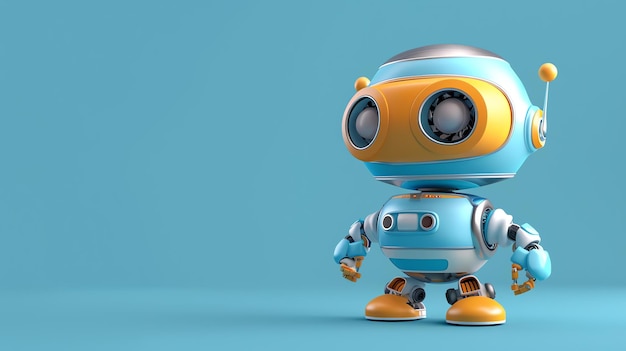 Lindo y amigable robot de pie y mirando a la cámara con una expresión curiosa Tiene un cuerpo azul y blanco y una cabeza naranja con grandes ojos