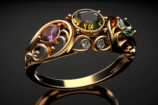 Lindo anel de ouro antigo com muitas pedras preciosas grandes e caras e forma de ornamento vintage n