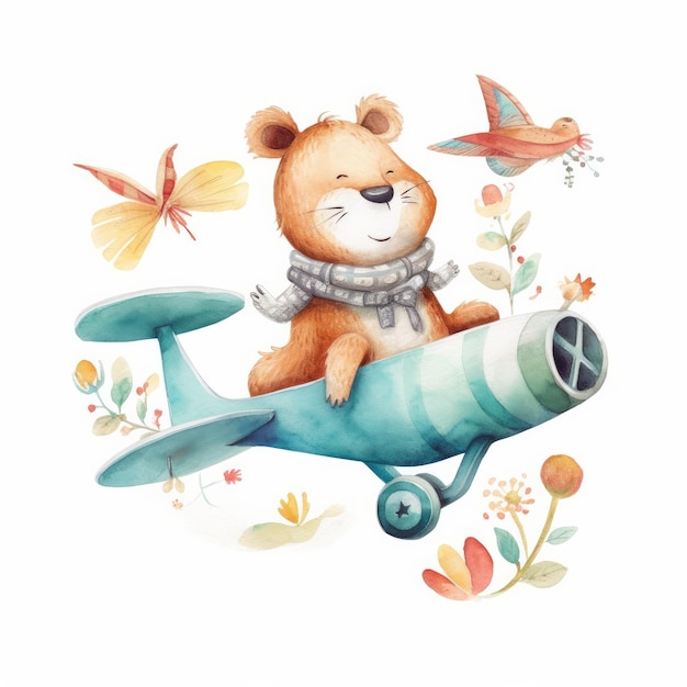 Lindo animal acuarela en avión Ilustración AI Generativa