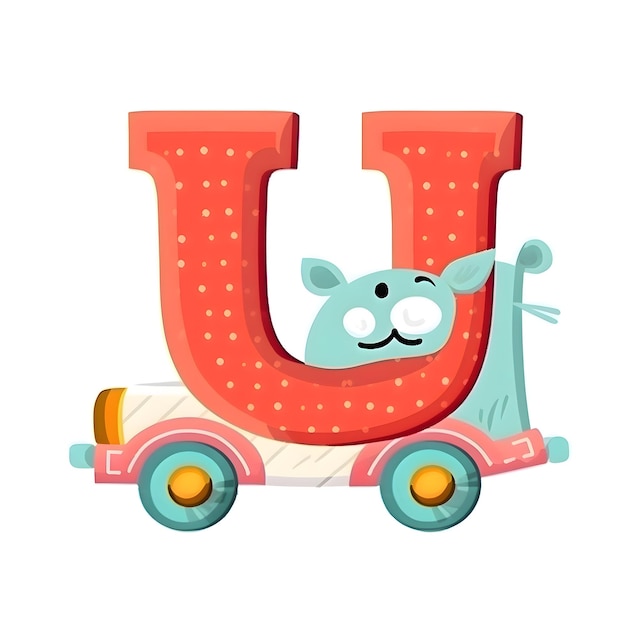 Lindo animal de dibujos animados letra del alfabeto U con ilustración vectorial de tren