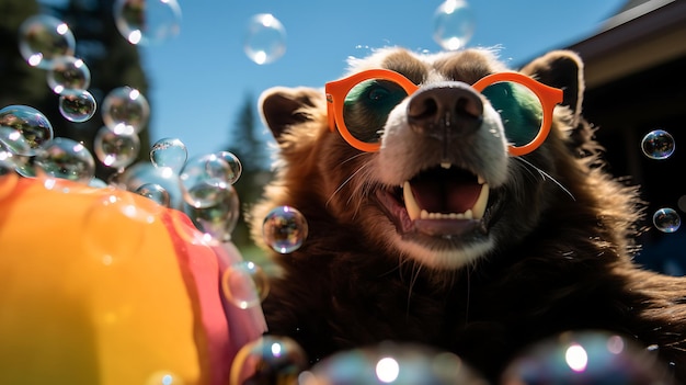 Foto un lindo animal con gafas de sol y sentado en un jacuzzi con burbujas