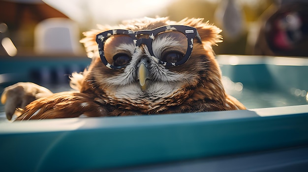 Foto un lindo animal con gafas de sol y sentado en un jacuzzi con burbujas