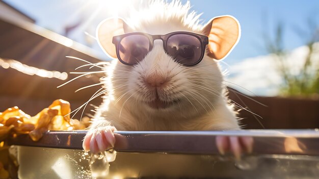 Foto un lindo animal con gafas de sol y sentado en un jacuzzi con burbujas