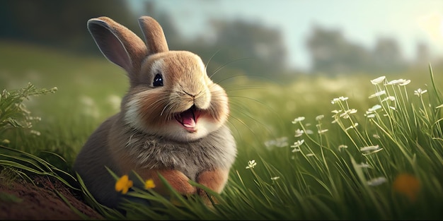 Lindo animal mascota conejo o adorable conejito en la hierba para el fondo de Pascua