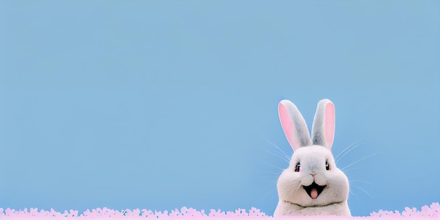 Lindo animal mascota conejo o conejito color blanco sonriendo y riendo aislado con espacio de copia para la pancarta de Pascua