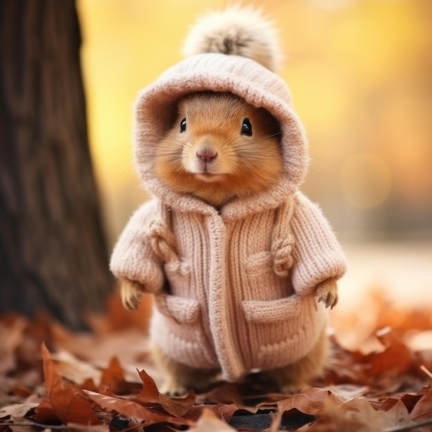 Foto un lindo animal peludo con ropa de otoño y otoño una ardilla con imágenes divertidas