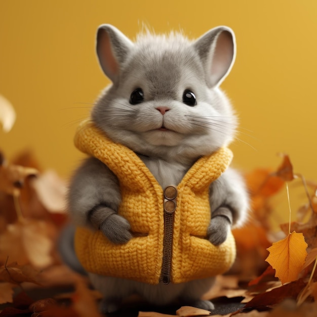 Un lindo animal peludo con ropa de otoño y otoño con una imagen graciosa de chinchilla