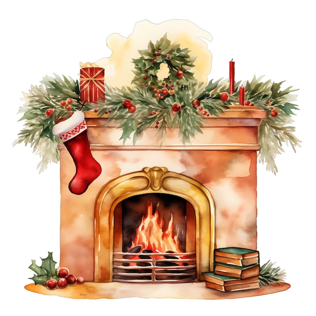 Lindo aquarela lareira de Natal com decorações de Natal e meias penduradas ilustração