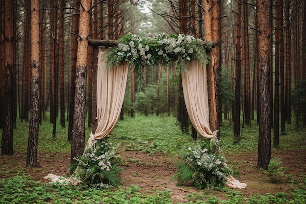 Lindo arco de casamento boho com plantas verdes na floresta de pinheiros verdes