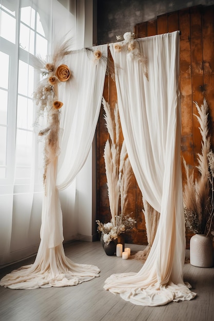 Lindo arco de casamento estilo boho com sobreposição de tecido gaze gaze delicado para estúdio