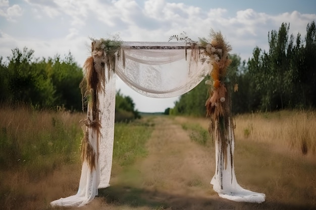 Lindo arco de casamento estilo boho com sobreposição de tecido gaze gaze delicado para estúdio