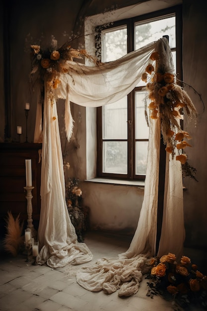 Lindo arco de casamento estilo boho com sobreposição de tecido gaze gaze delicado para estúdio