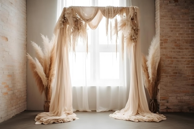 Lindo arco de casamento estilo boho com sobreposição de tecido gaze gaze delicado para estúdio