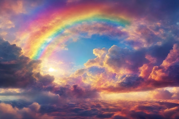 Lindo arco-íris sobre as nuvens ao pôr do sol contraste ai generativo