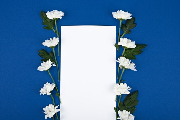 Lindo arranjo floral retangular de flores brancas com um cartão em branco e lugar para texto em um fundo azul. Conceito de flores da primavera