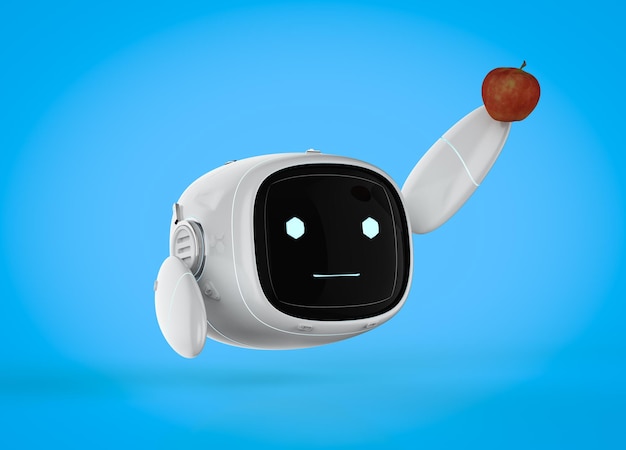 Lindo asistente robot de inteligencia artificial sin pierna con manzana roja