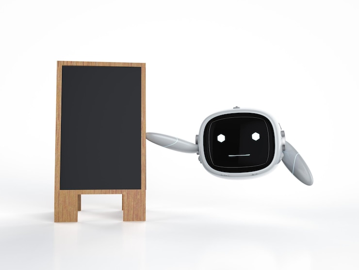 Foto lindo asistente robot de inteligencia artificial sin pierna con tablero negro