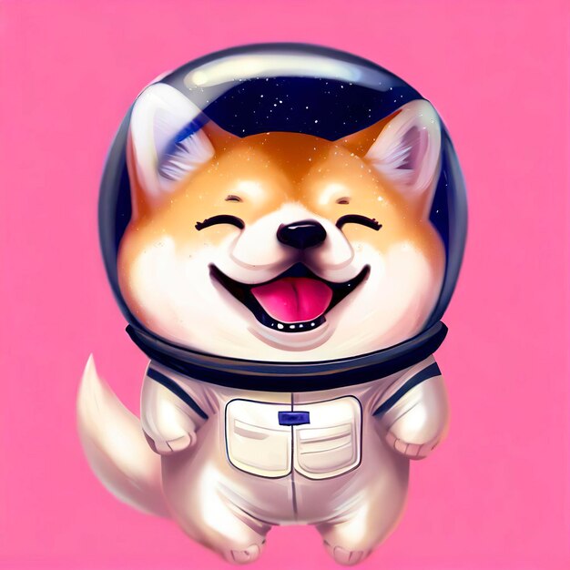 Un lindo astronauta shiba inu feliz sobre un fondo rosa