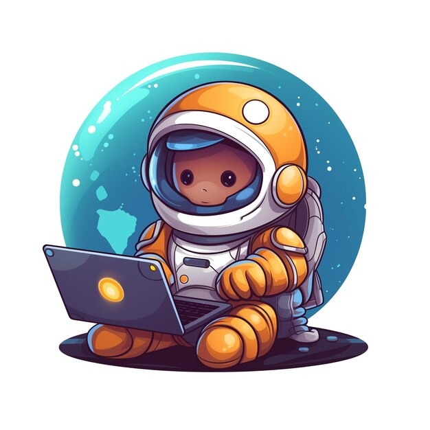 Foto un lindo astronauta vectorial con una computadora portátil en el planeta dibujos animados e ilustración de icono vectorial