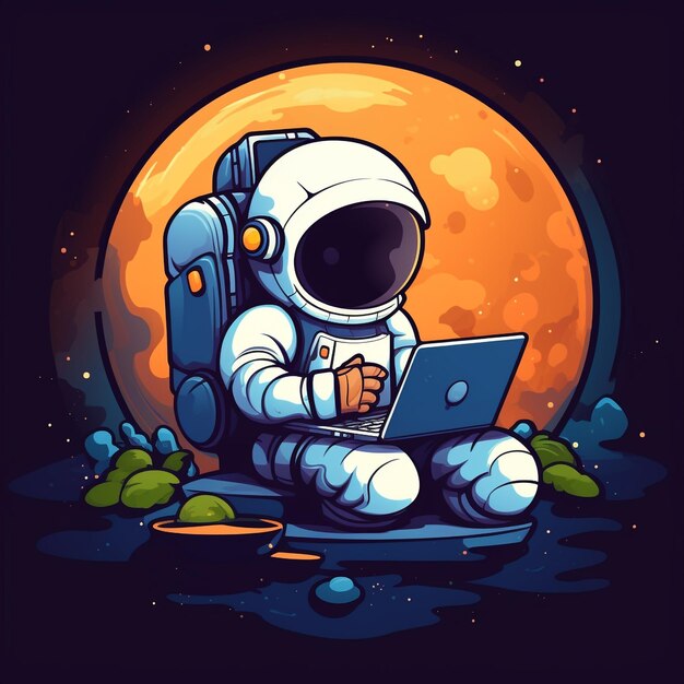 Un lindo astronauta vectorial con una computadora portátil en el planeta dibujos animados e ilustración de icono vectorial