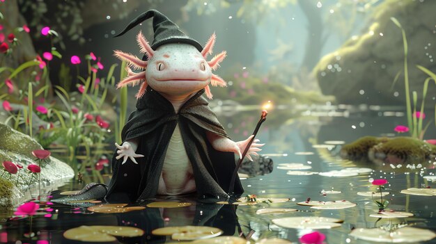 Foto un lindo axolotl mago está de pie en un estanque rodeado de lirios de agua el axolotle lleva una túnica negra y un sombrero de mago y sostiene una varita mágica