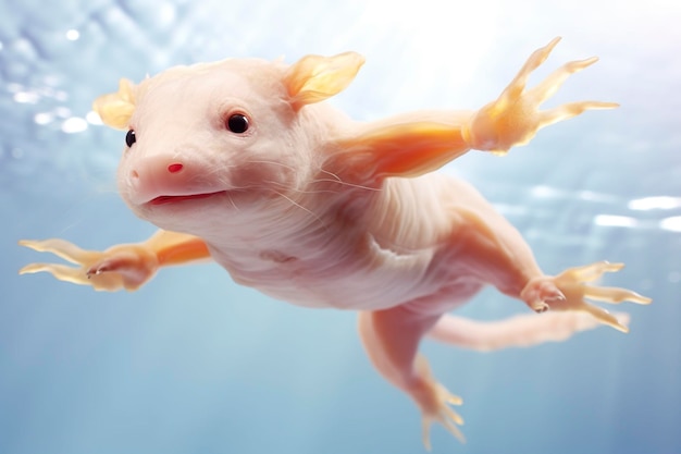 El lindo axolotl sobre un fondo azul