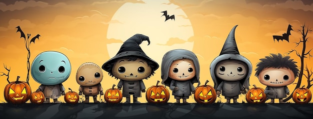 Lindo banner de fondo de dibujos animados de Halloween para fiesta infantil con personajes y jackolanterns tallados