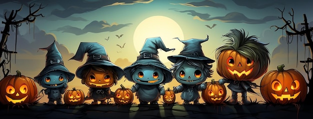 Lindo banner de fondo de dibujos animados de Halloween para fiesta infantil con personajes y linternas de calabaza talladas