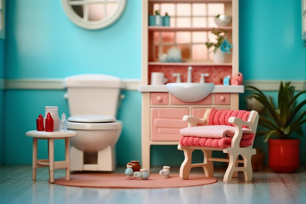 Foto lindo baño de casa de muñecas para fondo de fantasía de muñecas