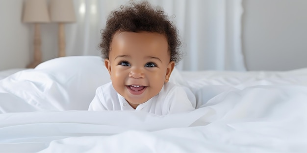 Un lindo bebé afroamericano en traje de cuerpo tendido en sábanas blancas en casa