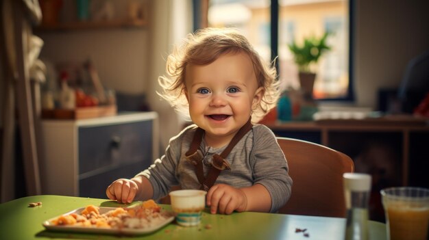 Lindo bebé alegre comiendo en la sala de estar