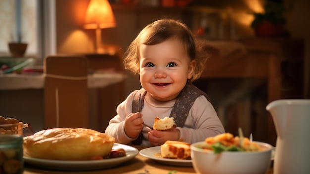 Lindo bebé alegre comiendo en la sala de estar