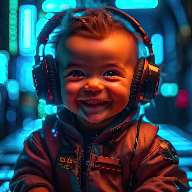 Lindo bebé con auriculares sonríe