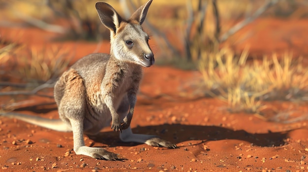 Un lindo bebé canguro está sentado en medio del desierto mirando a la cámara con sus grandes ojos redondos.