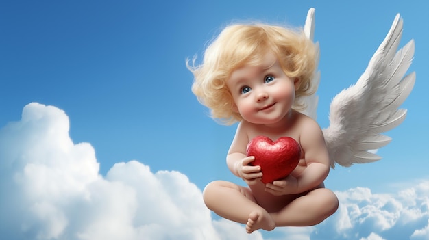 El lindo bebé Cupido sentado en una nube con un corazón rojo