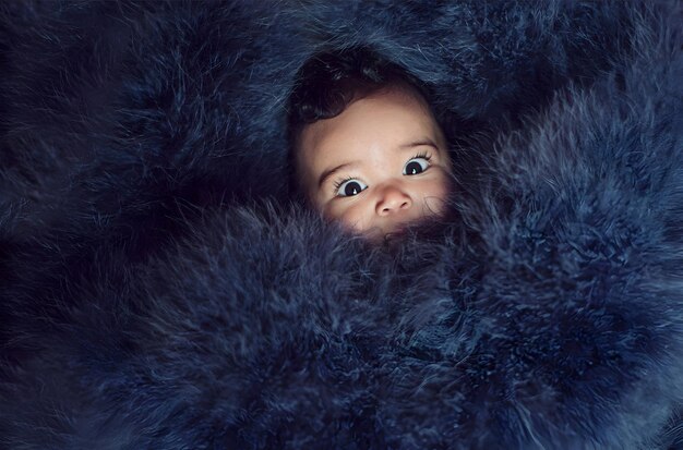 Lindo bebê de olhos azuis deitado em um cobertor de pele macia