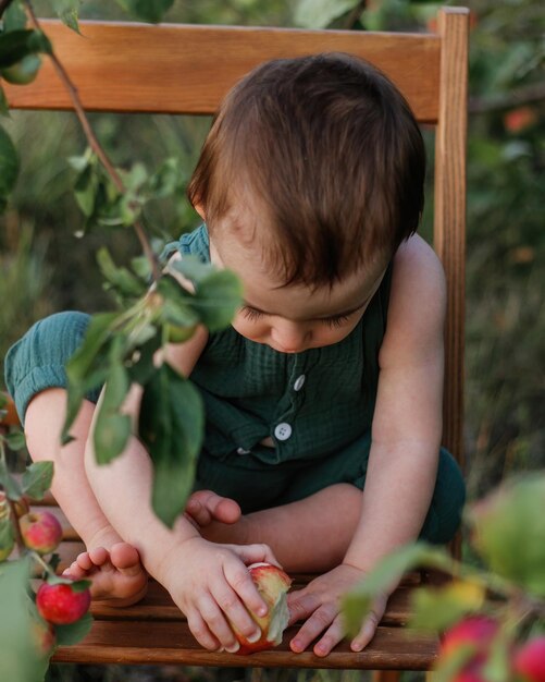 Lindo bebê de um ano no pomar de maçãs
