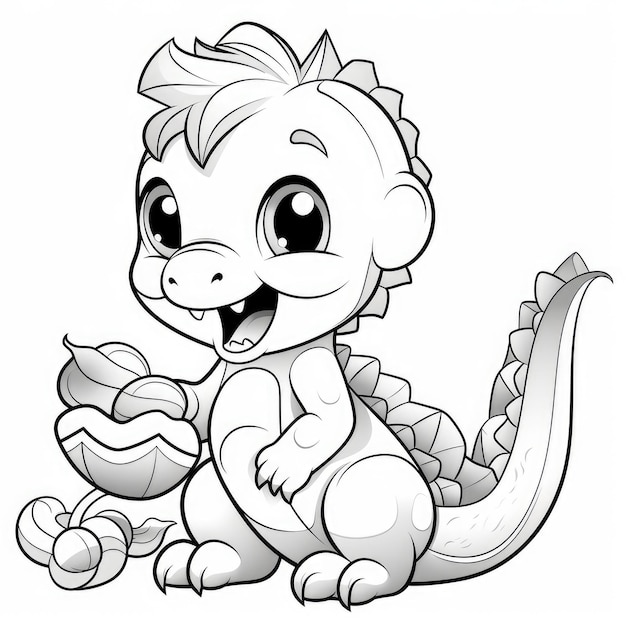 El lindo bebé dinosaurio masticando frutas la página de colorear de dibujos animados adorable para niños el minimalista Black Lin