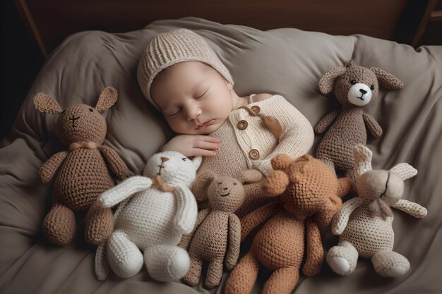 Lindo bebé durmiendo con osos de peluche