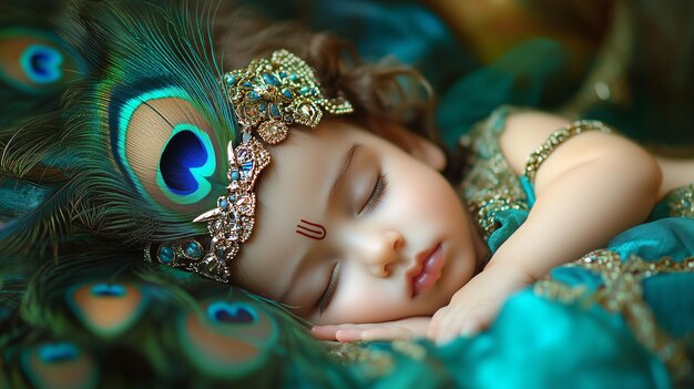 El lindo bebé durmiente Krishna con la pluma de pavo real el dios hindú Señor Krishna Krishna Janmashtami Ve