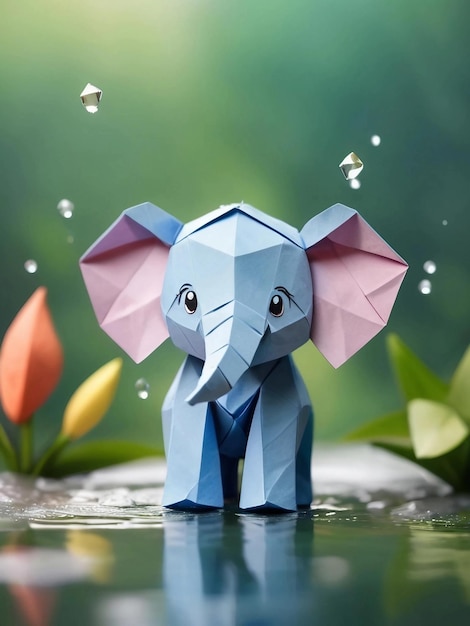 Un lindo bebé elefante hecho de papel blando está soportando la lluvia