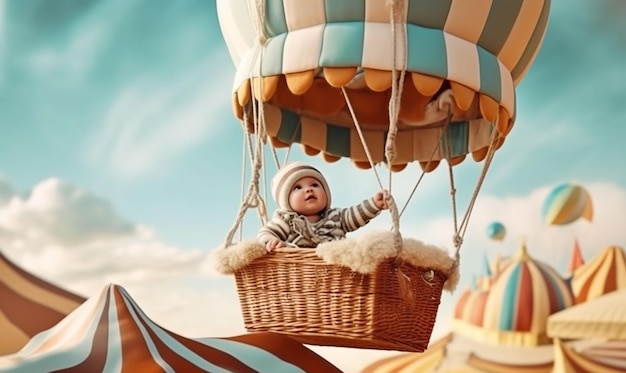 Lindo bebé está volando en un pequeño globo aerostático generativo ai