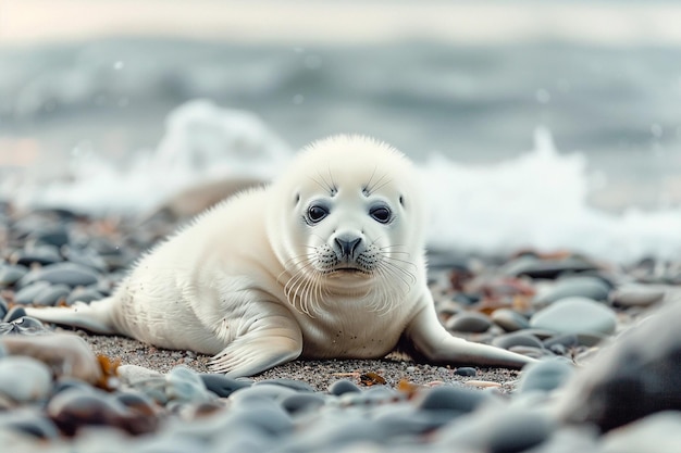 El lindo bebé foca blanco en la playa de arena copia el espacio