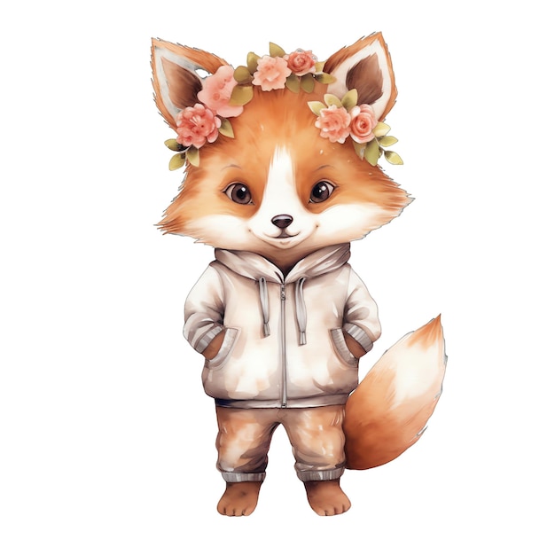 Lindo bebé Fox con ropa ilustración acuarela